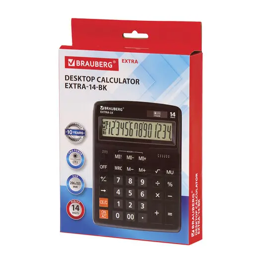 Калькулятор настольный BRAUBERG EXTRA-14-BK (206x155 мм), 14 разрядов, двойное питание, ЧЕРНЫЙ, 250474, фото 8