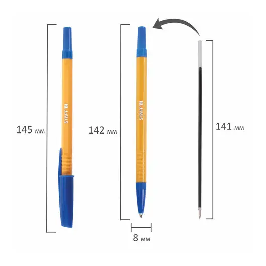 Ручка шариковая STAFF Basic Orange BP-03, СИНЯЯ, корпус оранжевый, узел 1 мм, линия 0,5 мм, 143741, фото 6