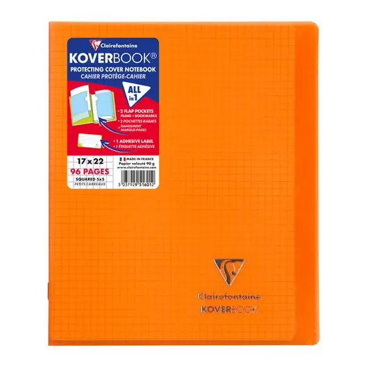 Бизнес-тетрадь 48л., 170*220мм, клетка Clairefontaine &quot;Koverbook&quot;, 90г/м2, пластик. обложка, оранжевая, фото 1