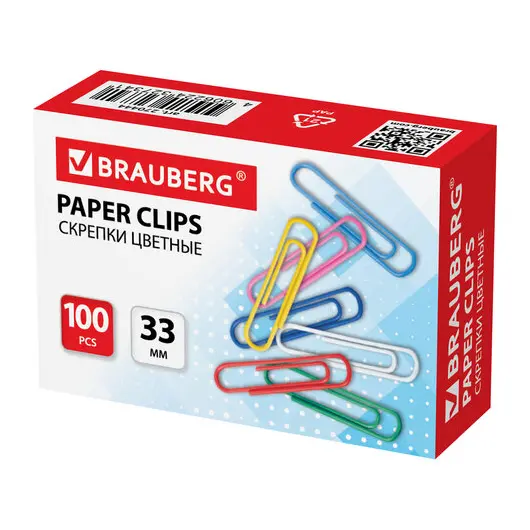 Скрепки BRAUBERG, 33 мм, цветные, 100 шт., в картонной коробке, 270444, фото 1