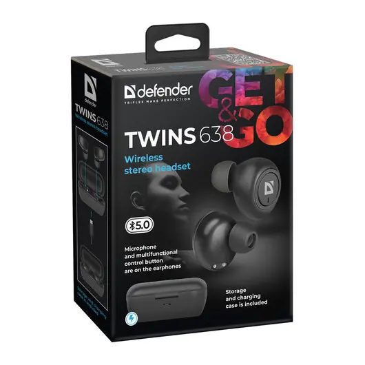 Наушники с микрофоном (гарнитура) DEFENDER TWINS 638, Bluetooth, беспроводные, черные, 63638, фото 9