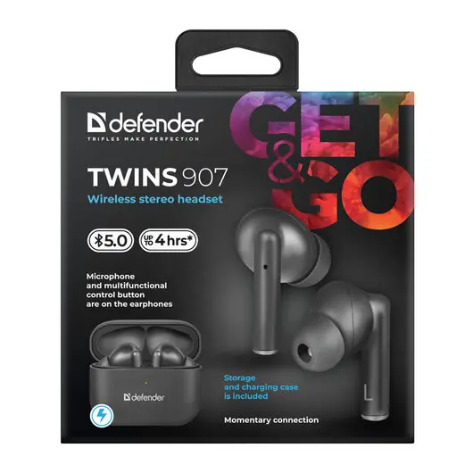 Наушники с микрофоном (гарнитура) DEFENDER TWINS 907, Bluetooth, беспроводные, черные, 63907, фото 13