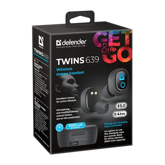 Наушники с микрофоном (гарнитура) DEFENDER TWINS 639, Bluetooth, беспроводные, черные, 63639, фото 10