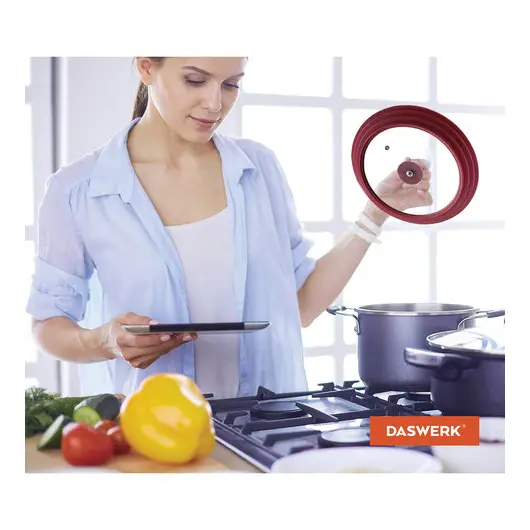 Крышка для любой сковороды и кастрюли универсальная 3 размера (22-24-26 см) бордовая, DASWERK, 607587, фото 8