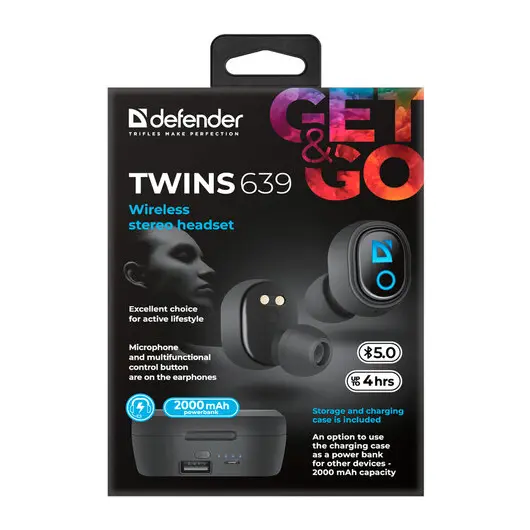 Наушники с микрофоном (гарнитура) DEFENDER TWINS 639, Bluetooth, беспроводные, черные, 63639, фото 11