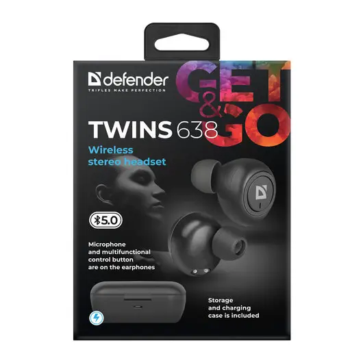 Наушники с микрофоном (гарнитура) DEFENDER TWINS 638, Bluetooth, беспроводные, черные, 63638, фото 10
