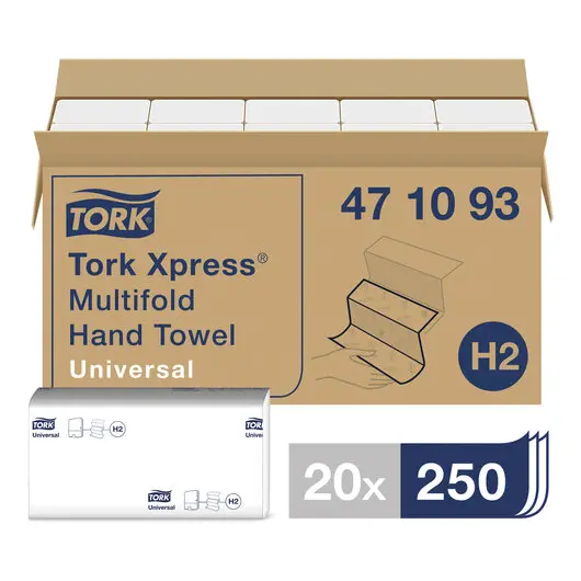 Полотенца бумажные, 250 листов, TORK Multifold (H2) Universal, 1-слойные, КОМПЛЕКТ 20 пачек, 23,4x21,3см, 471093, фото 1