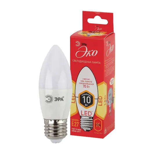 Лампа светодиодная ЭРА, 10(85)Вт, цоколь Е27, свеча, теплый белый, 25000 ч, ECO LED B35-10W-2700-E27, Б0032962, фото 1