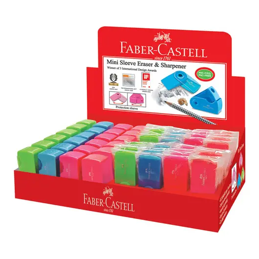 Точилка пластиковая Faber-Castell &quot;Sleeve Mini&quot;, 1 отв., конт-р, 24шт+ластик &quot;Sleeve Mini&quot;,прямоуг., 54*25*13мм, пласт. футляр, 32шт, ассорти, дисплей, фото 1