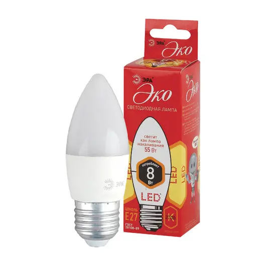 Лампа светодиодная ЭРА, 8(75)Вт, цоколь Е27, свеча, теплый белый, 25000 ч, ECO LED B35-8W-2700-E27, Б0030020, фото 1