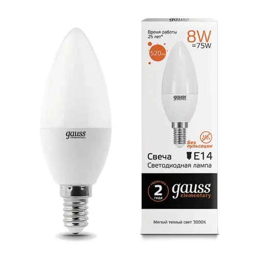 Лампа светодиодная GAUSS, 8(75)Вт, цоколь Е14, свеча, теплый белый, 25000 ч, LED B37-8W-3000-E14, 33118, фото 1