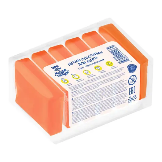 Легкий пластилин для лепки Мульти-Пульти, ярко-оранжевый, 6шт., 60г, прозрачный пакет, фото 1