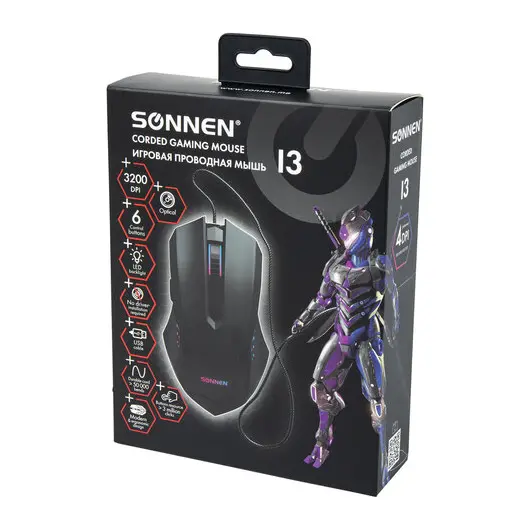 Мышь проводная игровая SONNEN I3, пластик, 6 кнопок, 800-2400 dpi, LED-подсветка, черная,513523, фото 16