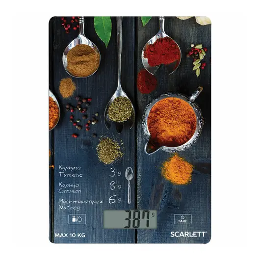 Весы кухонные SCARLETT SC-KS57P68, электронный дисплей, max вес 10 кг, тарокомпенсация, стекло, фото 1