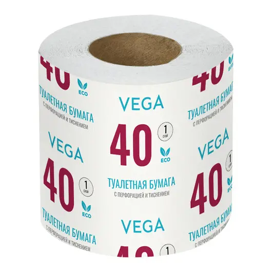 Бумага туалетная Vega, 1-слойная, 40м/рул., на втулке, с перф., с тиснением, белая, фото 1
