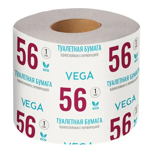 Бумага туалетная Vega, 1-слойная, 56м/рул., на втулке, с перф., серая, фото 1
