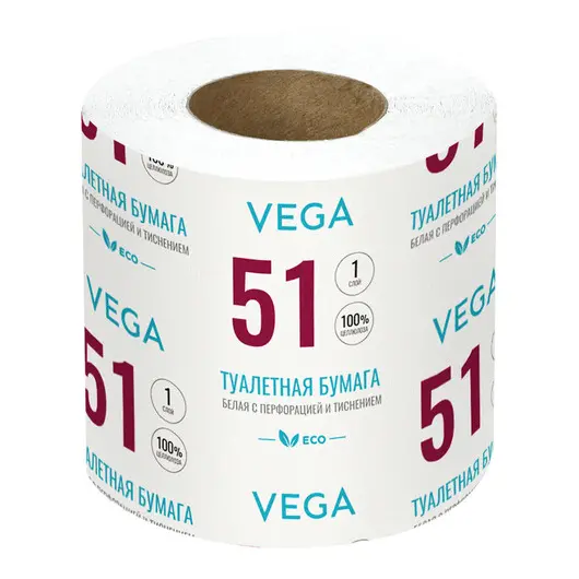 Бумага туалетная Vega, 1-слойная, 51 м/рул., на втулке, с перф., с тиснением, белая, фото 1