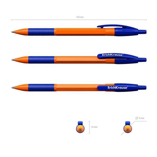 Ручка шариковая автоматическая с грипом ERICH KRAUSE &quot;R-301 Orange&quot;, СИНЯЯ, 1,0 мм, линия письма 0,5 мм, 46762, фото 3