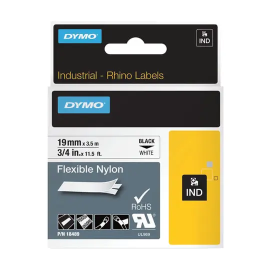 Картридж для принтеров этикеток DYMO Rhino, 19 мм х 3,5 м, лента нейлоновая, чёрный шрифт, неровная поверхность, белая, 18489, фото 2