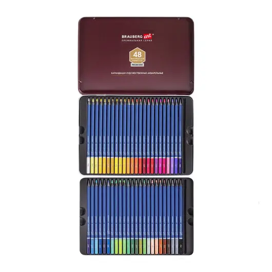 Карандаши художественные цветные акварельные, 48 цветов, 4 мм, металлический кейс, BRAUBERG ART PREMIERE, 181924, фото 2