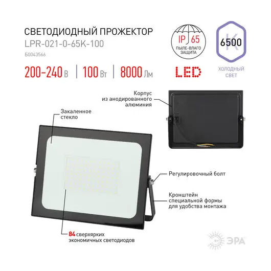 Прожектор светодиодный ЭРА, 100Вт, 6500К, 8000Лм, класс защиты IP65, черный, LPR-023-0-65K-100, Б0052026, фото 5