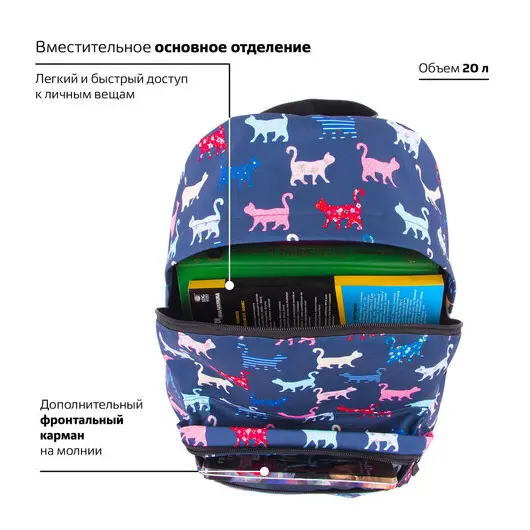 Рюкзак BRAUBERG, универсальный, сити-формат, Коты, 20 литров, 41х32х14 см, 228856, фото 4