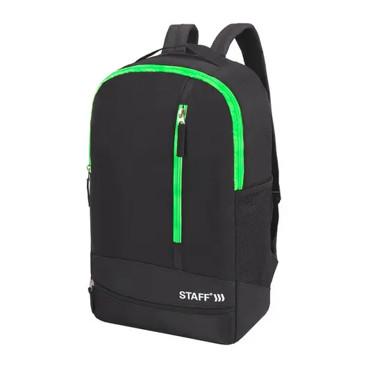 Рюкзак STAFF STRIKE универсальный, 3 кармана, черный с салатовыми деталями, 45х27х12 см, 270785, фото 1