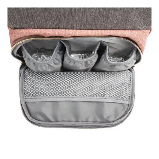 Рюкзак для мамы BRAUBERG MOMMY с ковриком, крепления на коляску, термокарманы, серый/розовый, 40x26x17 см, 270821, фото 5