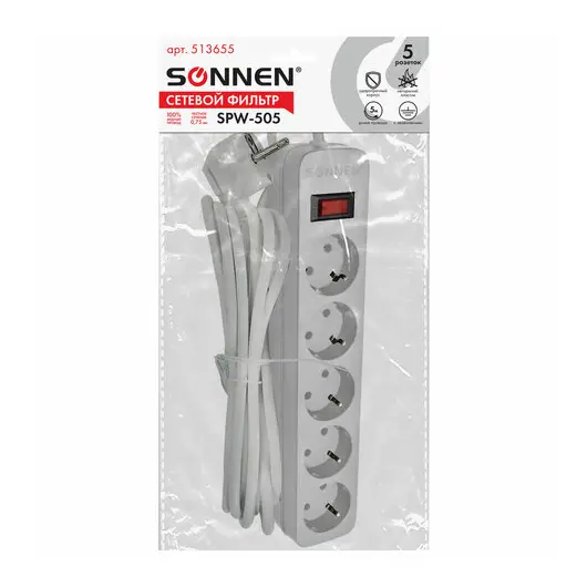 Сетевой фильтр SONNEN SPW-505, 5 розеток с заземлением, выключатель, 10 А, 5 м, белый, 513655, фото 2