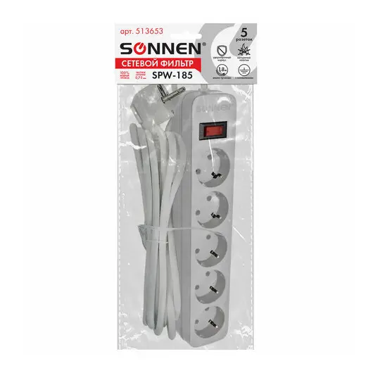 Сетевой фильтр SONNEN SPW-185, 5 розеток с заземлением, выключатель, 10 А, 1,8 м, белый, 513653, фото 2