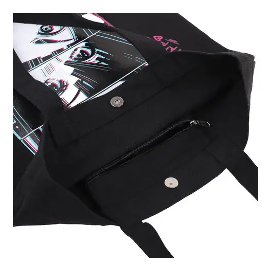 Сумка-шоппер BRAUBERG PREMIUM, канвас, 40х35 см, на кнопке, карман, черный, Anime face, 271903, фото 4