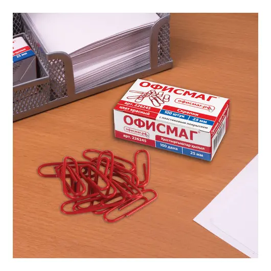Скрепки ОФИСМАГ, 25 мм, красные, 100 шт., в картонной коробке, 226245, фото 6