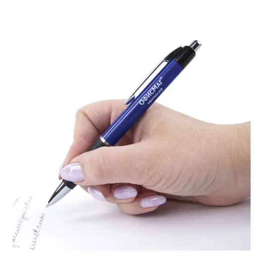 Ручка шариковая автоматическая с грипом ОФИСМАГ, СИНЯЯ, корпус синий, узел 0,7 мм, линия письма 0,35 мм, 141877, фото 7