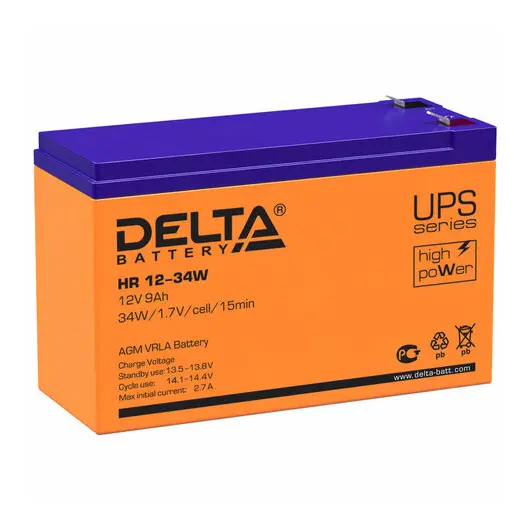 Аккумуляторная батарея для ИБП любых торговых марок, 12 В, 9 Ач, 151х65х94 мм, DELTA, HR 12-34 W, фото 1