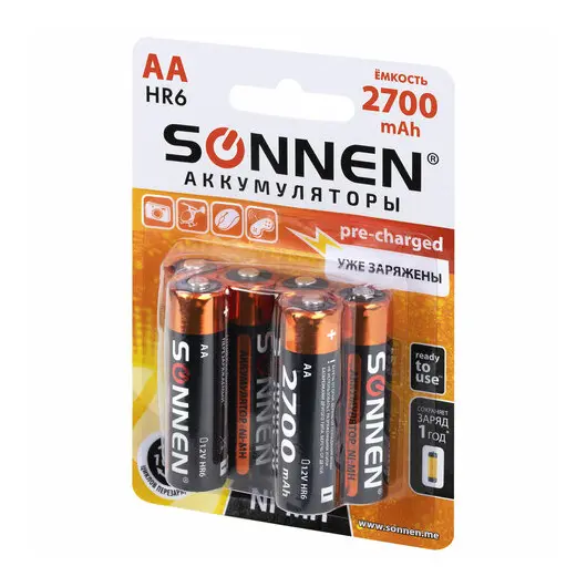 Батарейки аккумуляторные Ni-Mh пальчиковые КОМПЛЕКТ 6 шт., АА (HR6) 2700 mAh, SONNEN, 455608, фото 10