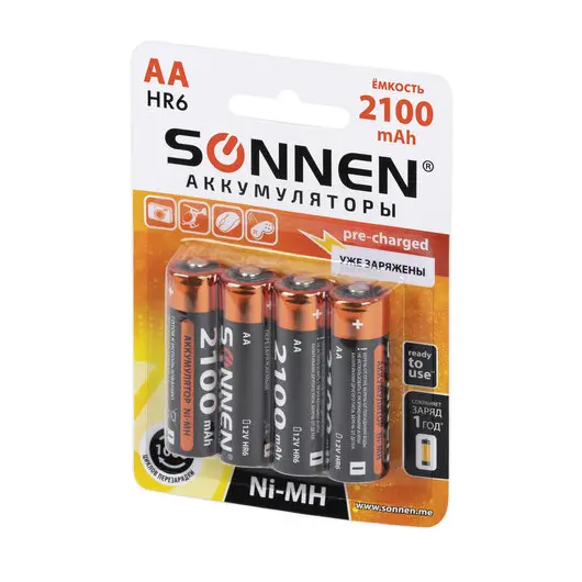Батарейки аккумуляторные Ni-Mh пальчиковые КОМПЛЕКТ 4 шт., АА (HR6) 2100 mAh, SONNEN, 455606, фото 9