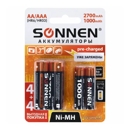 Батарейки аккумуляторные Ni-Mh пальчиковые / мизинчиковые НАБОР 8 шт. (AA+ААА) 2700/1000 mAh, SONNEN, 455612, фото 6