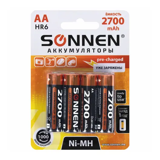 Батарейки аккумуляторные Ni-Mh пальчиковые КОМПЛЕКТ 4 шт., АА (HR6) 2700 mAh, SONNEN, 455607, фото 6