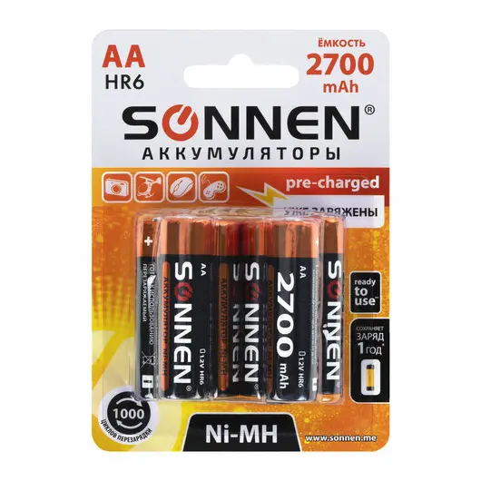 Батарейки аккумуляторные Ni-Mh пальчиковые КОМПЛЕКТ 6 шт., АА (HR6) 2700 mAh, SONNEN, 455608, фото 6