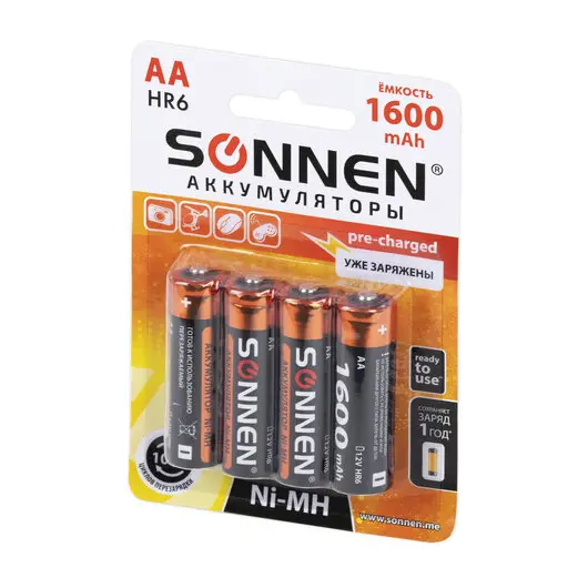 Батарейки аккумуляторные Ni-Mh пальчиковые КОМПЛЕКТ 4 шт., АА (HR6) 1600 mAh, SONNEN, 455605, фото 9