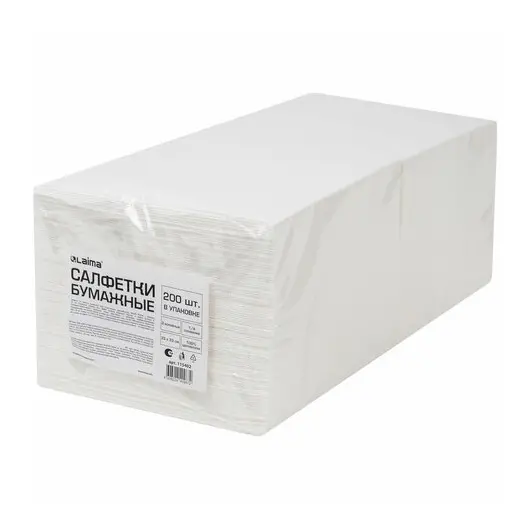 Салфетки бумажные 2-х слойные, 33x33 см, 200 штук в упаковке, 1/4 сложения, LAIMA, белые, 115402, фото 1