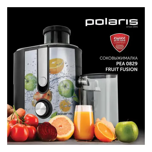 Соковыжималка POLARIS PEA 0829 Fruit Fusion, 800 Вт, стакан 0,35 л, емкость жмыха 1 л, пластик, сталь/черный, 15935, фото 1