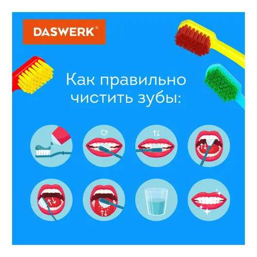 Зубные щетки, набор 6 штук, для взрослых и детей, СРЕДНЕ-МЯГКИЕ (MEDIUM SOFT), DASWERK, 608214, фото 3