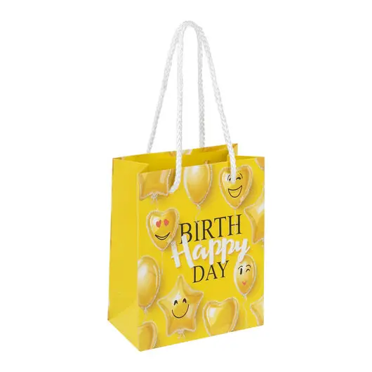 Пакет подарочный (1 штука) 11x6x15 см, ЗОЛОТАЯ СКАЗКА &quot;Happy Birthday&quot;, глиттер, желтый, 608237, фото 1