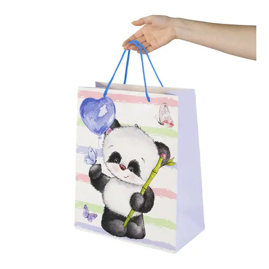 Пакет подарочный (1 штука) 26x13x32 см, ЗОЛОТАЯ СКАЗКА &quot;Lovely Panda&quot;, глиттер, белый с голубым, 608241, фото 6
