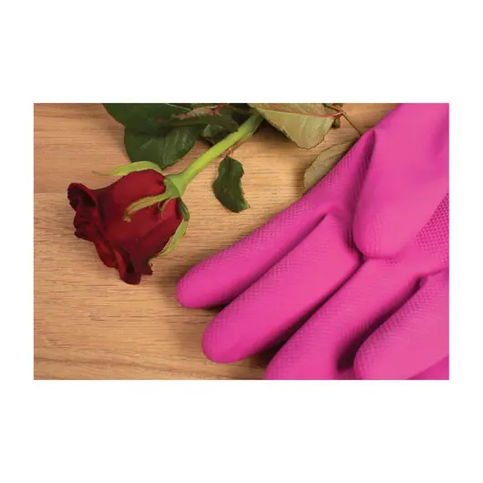 Перчатки резиновые, х/б напыление, рифленые пальцы, размер L, Роза, 75 г, ПРОЧНЫЕ, с удлиненной манжетой, YORK, 92370, фото 4