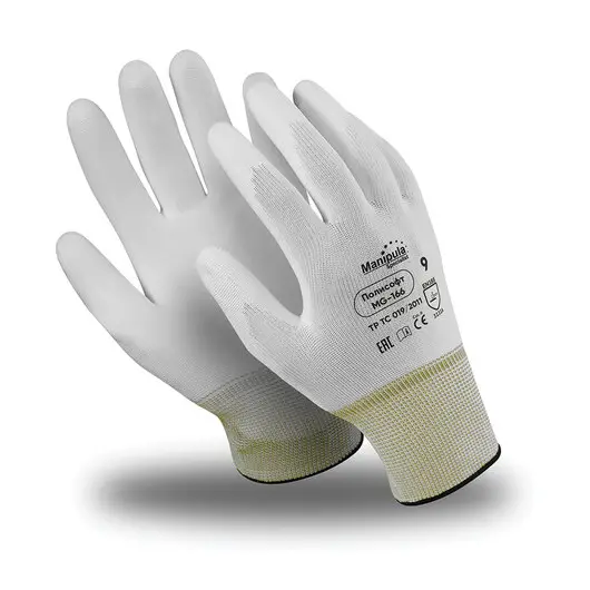 Перчатки полиэфирные MANIPULA ПОЛИСОФТ, полиуретановое покрытие (облив), размер 9 (L), белые, MG-166, фото 1