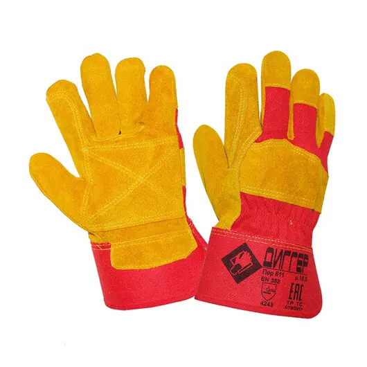 Перчатки спилковые комбинированные ДИГГЕР, усиленные, размер 10,5 (XL), желтые/красные, ПЕР611, фото 1