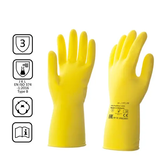 Перчатки латексные КЩС, сверхпрочные, плотные, хлопковое напыление, размер 9,5-10 XL, очень большой, желтые, HQ Profiline, 73590, фото 1
