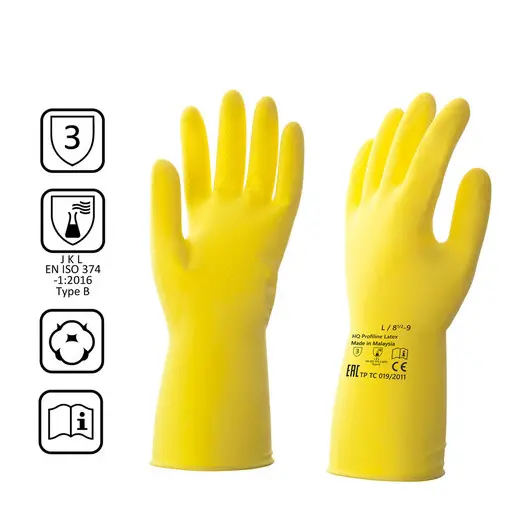 Перчатки латексные КЩС, сверхпрочные, плотные, хлопковое напыление, размер 8,5-9 L, большой, желтые, HQ Profiline, 73587, фото 1